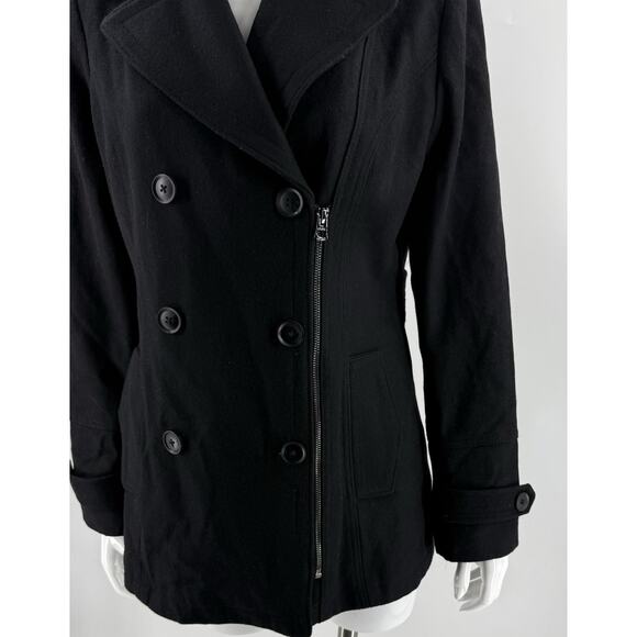 Lucky Brand Womens Pea Coat Size Medium Black Asymmetrical Zip Wool Blend - Picture 2 of 7